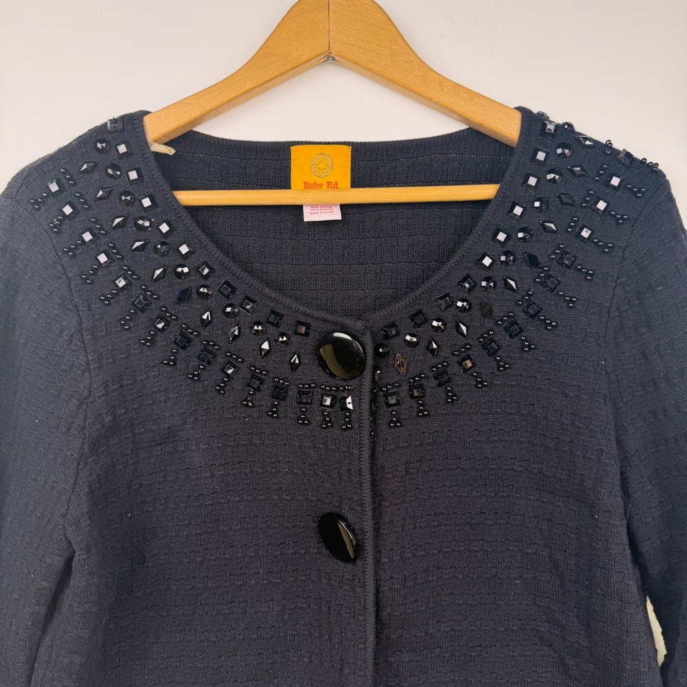 Ruby Rd Black Beaded Rhinestone Textured Knit Cardigan Sweater Large - Picture 2 of 9